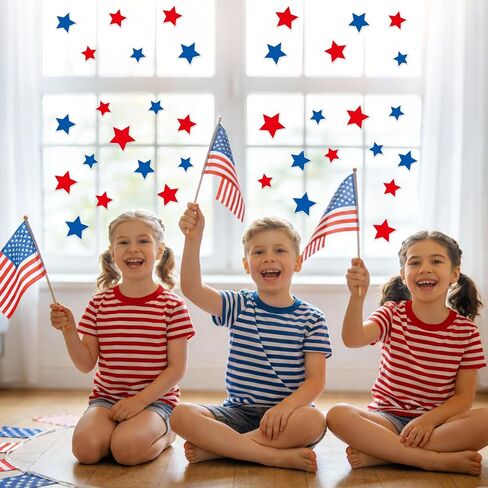 Whaline 34Pcs Patriotic Thick Gel Clings Red Blue Star 4th of July Star Reusable Window Decals for 250th Anniversary Home School Classroom Decor Independence Day Holiday Party Supplies, 2 Sheet in Kuwait