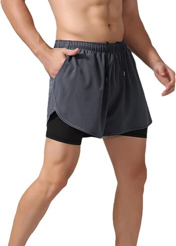 ANUFER Mens 2 in 1 Running Shorts Breathable Quick Dry Gym Workout Training Cycling Shorts with Liner & Phone Pocket in Kuwait