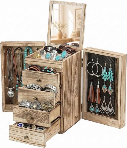 GUOER Jewelry Box for Women, 5-Layer Wooden Jewelry Organizer with Mirror, 4 Drawers & Side Doors for Necklaces, Rings, Earrings, Rustic Torched Wood in Saudi Arabia