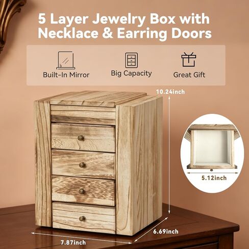 GUOER Jewelry Box for Women, 5-Layer Wooden Jewelry Organizer with Mirror, 4 Drawers & Side Doors for Necklaces, Rings, Earrings, Rustic Torched Wood in Saudi Arabia