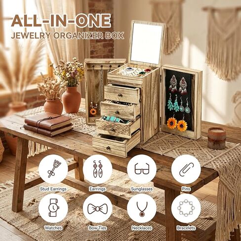 GUOER Jewelry Box for Women, 5-Layer Wooden Jewelry Organizer with Mirror, 4 Drawers & Side Doors for Necklaces, Rings, Earrings, Rustic Torched Wood in Saudi Arabia