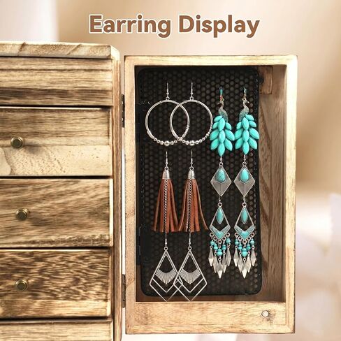 GUOER Jewelry Box for Women, 5-Layer Wooden Jewelry Organizer with Mirror, 4 Drawers & Side Doors for Necklaces, Rings, Earrings, Rustic Torched Wood in Saudi Arabia