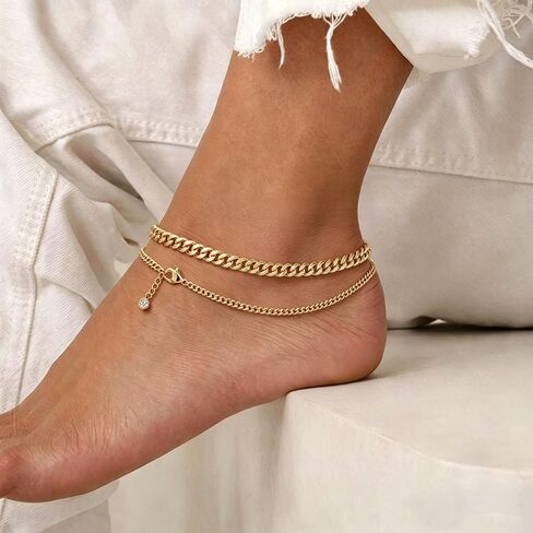 Anklets for Women, Gold/Silver Chunky Cuban Link Anklet Bracelets for Women Layered Gold Anklets for Women Waterproof Adjustable Women's Anklets Beach Jewelry in Saudi Arabia