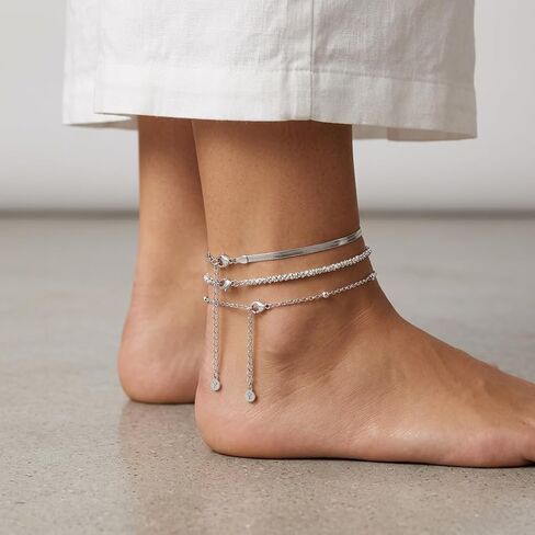 3 Piece Layered Anklets for Women, Boho Beach Foot Jewelry Set for Summer, Adjustable Herringbone Chain Anklet, Birthday Jewelry Gift in Kuwait