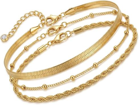 3 Piece Layered Anklets for Women, Boho Beach Foot Jewelry Set for Summer, Adjustable Herringbone Chain Anklet, Birthday Jewelry Gift in Kuwait