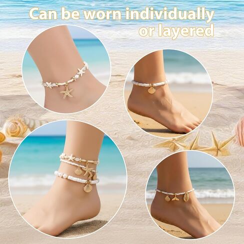 3 PCS Shell Ankle Bracelets for Women, Boho Adjustable Beach Anklet, Gold Plated Shell Anklet, Starfish Seashell Jewelry Anklets Summer Beach Foot Jewelrys in Kuwait