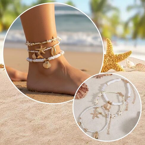 3 PCS Shell Ankle Bracelets for Women, Boho Adjustable Beach Anklet, Gold Plated Shell Anklet, Starfish Seashell Jewelry Anklets Summer Beach Foot Jewelrys in Kuwait