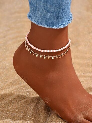 2Pcs Layered Anklets for Women Gold Sequin Chain Colorful Beaded Ankle Bracelets Set Boho Beach Foot Jewelry in Kuwait