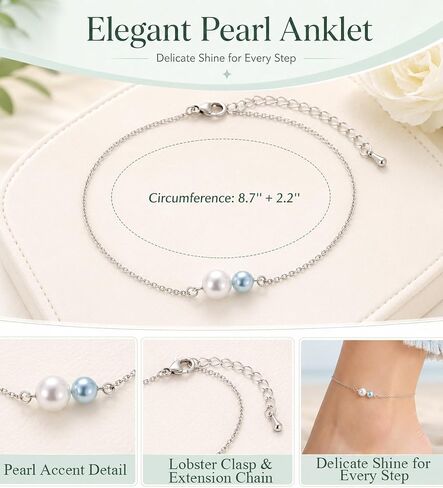Something Blue Anklet for Bride, White Blue Pearl Jewelry, Wedding Day Gift for Bride, Adjustable Silver-Tone Ankle Bracelet, Bridal Shower Bachelorette Gift,Mother to daughter's souvenir in Saudi Arabia