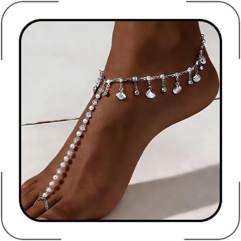 Gold Ankle Bracelets for Women Boho Pearl Ankle Adjustable Shell Accessorie Crystal Summer Beach Vacation Foot Jewelry Gifts in Kuwait
