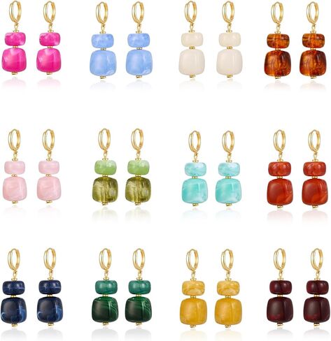 COLOYAN 12 Pairs Multicolor Resin Beaded Drop Earrings for Women | 14K Gold Plated, Hoop Dangle, Lightweight Geometric Square Acrylic, Boho Statement, Women Daily Wear Vacation Gift in Saudi Arabia