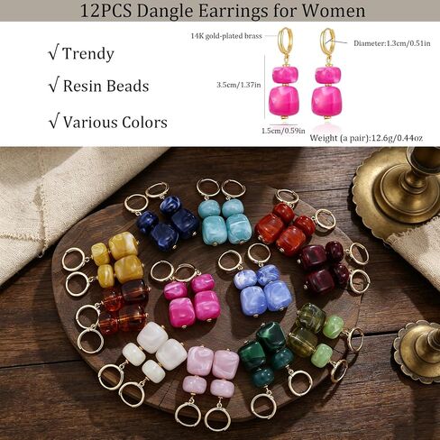 COLOYAN 12 Pairs Multicolor Resin Beaded Drop Earrings for Women | 14K Gold Plated, Hoop Dangle, Lightweight Geometric Square Acrylic, Boho Statement, Women Daily Wear Vacation Gift in Saudi Arabia