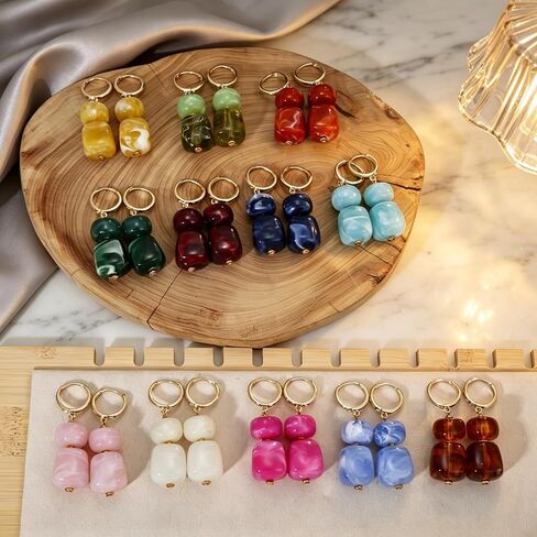 COLOYAN 12 Pairs Multicolor Resin Beaded Drop Earrings for Women | 14K Gold Plated, Hoop Dangle, Lightweight Geometric Square Acrylic, Boho Statement, Women Daily Wear Vacation Gift in Saudi Arabia