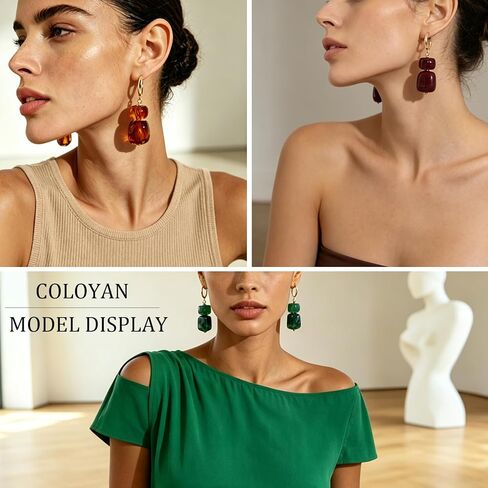 COLOYAN 12 Pairs Multicolor Resin Beaded Drop Earrings for Women | 14K Gold Plated, Hoop Dangle, Lightweight Geometric Square Acrylic, Boho Statement, Women Daily Wear Vacation Gift in Saudi Arabia