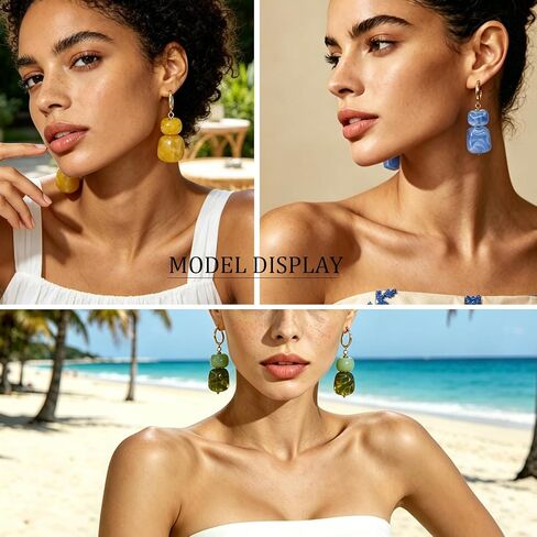 COLOYAN 12 Pairs Multicolor Resin Beaded Drop Earrings for Women | 14K Gold Plated, Hoop Dangle, Lightweight Geometric Square Acrylic, Boho Statement, Women Daily Wear Vacation Gift in Saudi Arabia