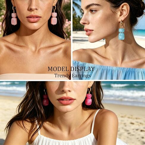 COLOYAN 12 Pairs Multicolor Resin Beaded Drop Earrings for Women | 14K Gold Plated, Hoop Dangle, Lightweight Geometric Square Acrylic, Boho Statement, Women Daily Wear Vacation Gift in Saudi Arabia