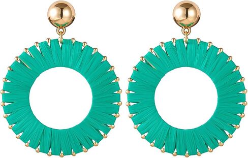 Boho Raffia Round Drop Dangle Earrings for Women, Beach Statement Lightweight Handmade Woven Jewelry in Saudi Arabia