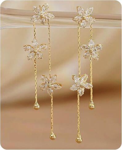 14K Gold Plated Flower Dangle Earrings for Women, White Cubic Zirconia Floral Drop Earrings, Lightweight Long Chain Jewelry Gift in Saudi Arabia