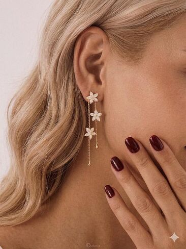 14K Gold Plated Flower Dangle Earrings for Women, White Cubic Zirconia Floral Drop Earrings, Lightweight Long Chain Jewelry Gift in Saudi Arabia