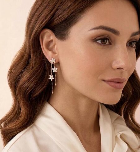 14K Gold Plated Flower Dangle Earrings for Women, White Cubic Zirconia Floral Drop Earrings, Lightweight Long Chain Jewelry Gift in Saudi Arabia