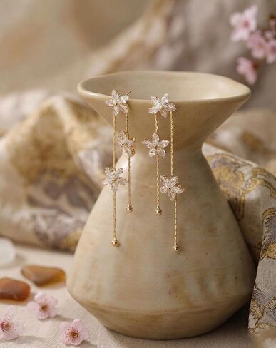 14K Gold Plated Flower Dangle Earrings for Women, White Cubic Zirconia Floral Drop Earrings, Lightweight Long Chain Jewelry Gift in Saudi Arabia