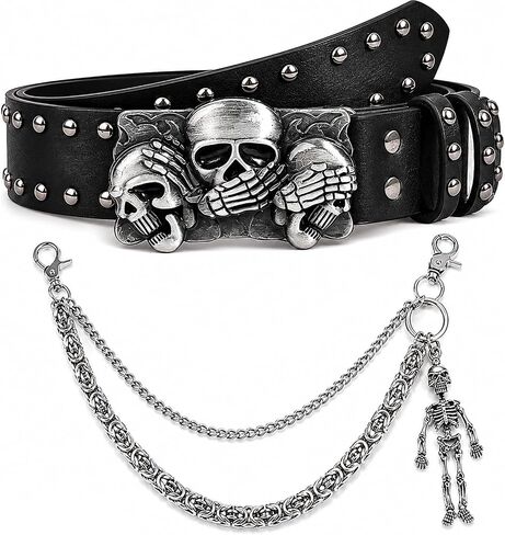 Gothic Studded Belt for Women Men - Y2K Alt Grommet Leather Skull Buckle Belts Layered Chunky Pants Chain Set Grunge EMO Goth Punk Skeleton Belt Chains Jewelry Accessory for Jeans Bag Pocket Wallet in Saudi Arabia