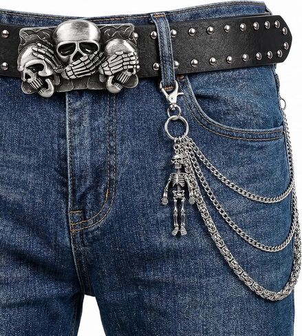 Gothic Studded Belt for Women Men - Y2K Alt Grommet Leather Skull Buckle Belts Layered Chunky Pants Chain Set Grunge EMO Goth Punk Skeleton Belt Chains Jewelry Accessory for Jeans Bag Pocket Wallet in Saudi Arabia