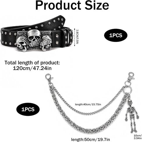 Gothic Studded Belt for Women Men - Y2K Alt Grommet Leather Skull Buckle Belts Layered Chunky Pants Chain Set Grunge EMO Goth Punk Skeleton Belt Chains Jewelry Accessory for Jeans Bag Pocket Wallet in Saudi Arabia