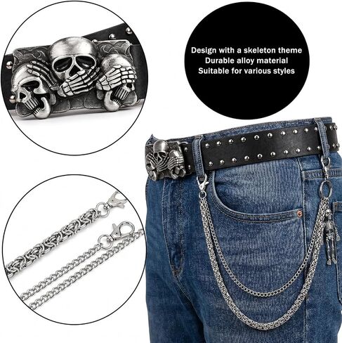 Gothic Studded Belt for Women Men - Y2K Alt Grommet Leather Skull Buckle Belts Layered Chunky Pants Chain Set Grunge EMO Goth Punk Skeleton Belt Chains Jewelry Accessory for Jeans Bag Pocket Wallet in Saudi Arabia