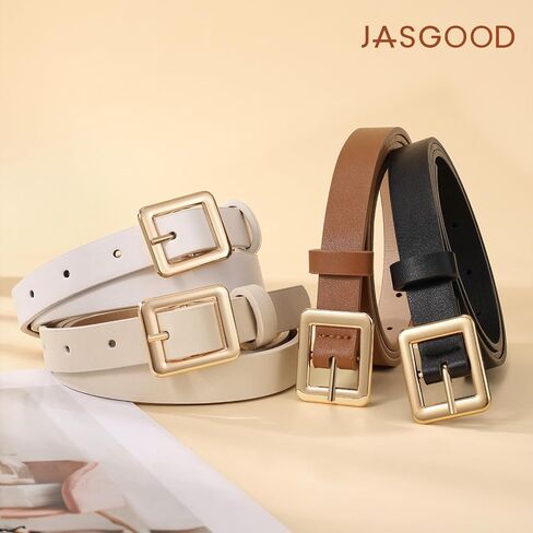 JASGOOD 4 Pack Women Skinny Belts for Jeans Ladies Thin Waist Belt for Dress Gold Buckle 0.7inch Width in Kuwait