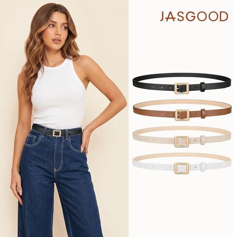 JASGOOD 4 Pack Women Skinny Belts for Jeans Ladies Thin Waist Belt for Dress Gold Buckle 0.7inch Width in Kuwait