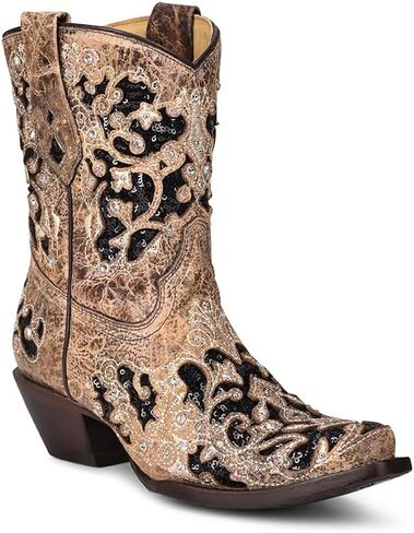 Corral Boots Women's Handcrafted Western Booties | Snip Toe Cowboy Ankle Boots with Black Glitter Inlay, Floral Overlay and Crystal Studs in Kuwait