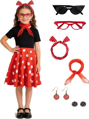 bakjuno Girls Retro Vintage Skirts 1950 Outfit Retro 50s Girl Polka Dot Design With Accessories in Saudi Arabia