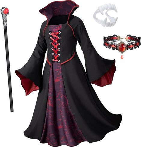 Vampire Costume Set for Girls Halloween Dress Up with Vampires Props (Fangs, Wand, Choker) 3-12 Years in Saudi Arabia