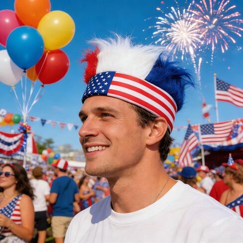 Unisex Red White Blue Crazy Hat – American Flag Hairy Wig Headband for Memorial Day, Carnival & Party in Kuwait