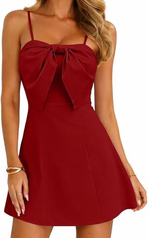 LAGSHIAN Women's Summer Sexy Spaghetti Strap Slim Fit Mini Dress Chest Bow Tie Party Short Dresses in Kuwait