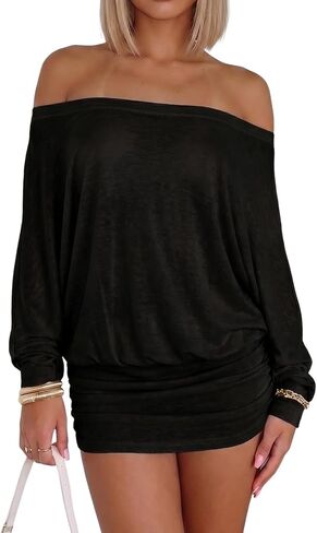 Women Off The Shoulder Dress Y2K Sexy Sheer Batwing Sleeve Ruched Bardot Mini Dress Oversized Top Streetwear in Kuwait