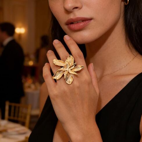 Dainty Large 3D Flower Adjustable Ring for Women Gold-Tone Elegant Textured Floral Statement Stacking Finge Band Rings Wedding Party Fashion Jewelry in Saudi Arabia