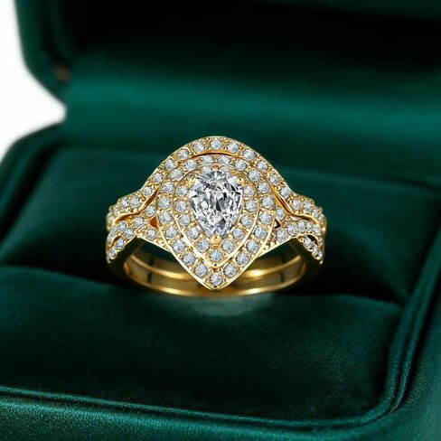 مجموعات خواتم الزفاف الفاخرة للنساء 1CT الكمثرى AAAAA تشيكوسلوفاكيا الذهب الأصفر مطلي خاتم الخطوبة خاتم الزواج in Kuwait