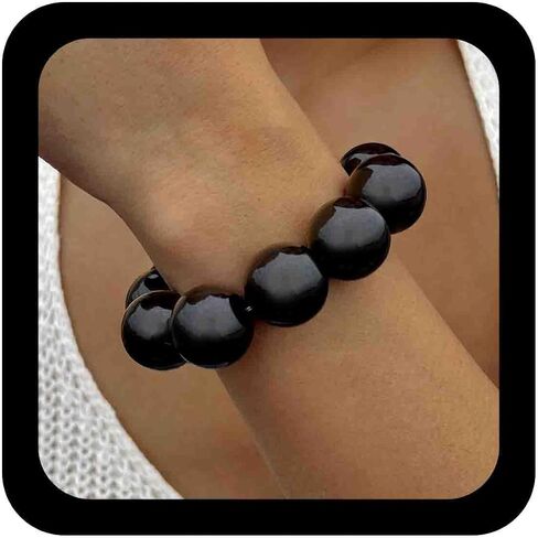 Vintage Chunky Beaded Bracelet Acrylic Big Round Bead Bracelet Resin Large Beads Stretch Elastic Bracelets Black Round Ball Beaded Bangle Anklet Wrist Statement Jewelry for Women in Saudi Arabia