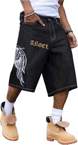 GORGLITTER الرجال Jorts فضفاض شورتات جينز Y2k خمر عالية الخصر واسعة الساق طويلة الدنيم السراويل قيعان عادية ملابس الشارع الشهير in Kuwait