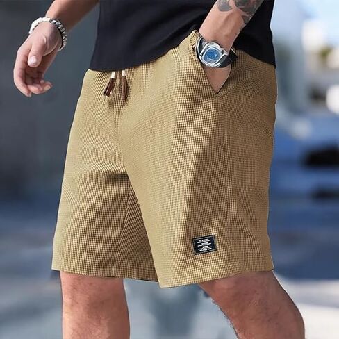 Men's Jacquard Texture Casual Shorts - Embroidered Logo Waffle Knit Summer Bottoms with Elastic Waistband in Kuwait