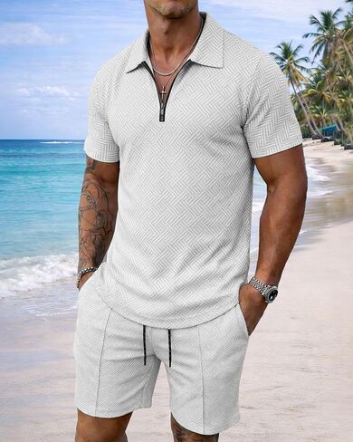 Men Short Sets 2 Piece Comfort Fit Shirt Elastic Waist Shorts Sets in Kuwait