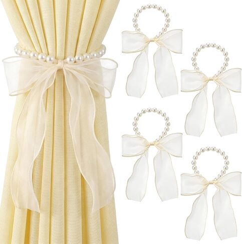 4 PCS Pearl Curtain Tiebacks, Summer DIY Pearl Lace Bow Curtain Tiebacks, French Decorative Curtains Holdbacks for Home Bedroom Offices Dining Rooms Wedding Party Decoration in Saudi Arabia