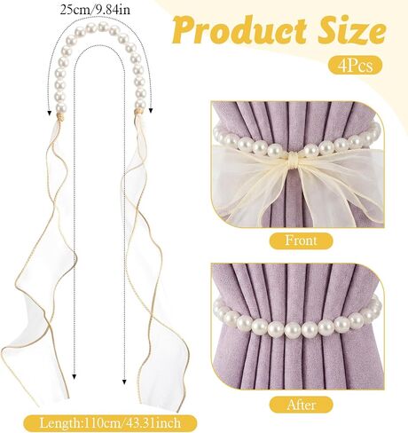 4 PCS Pearl Curtain Tiebacks, Summer DIY Pearl Lace Bow Curtain Tiebacks, French Decorative Curtains Holdbacks for Home Bedroom Offices Dining Rooms Wedding Party Decoration in Saudi Arabia