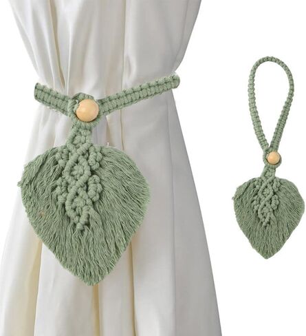 2pcs Boho Style Polyester Curtain Tiebacks - Handmade Cotton Rope with Adjustable Wooden Bead Decor in Kuwait