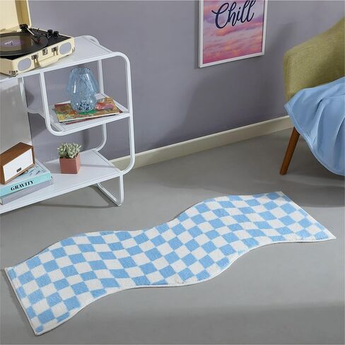 Urban Lifestyle Wavy Blue Checkerboard Runner Rug,18" x 55" Modern Accent Rug with Non-Slip Backing, Plush Tufted Soft Floor Mat for Hallways, Entryways, Bedrooms & Dorm Rooms in Saudi Arabia