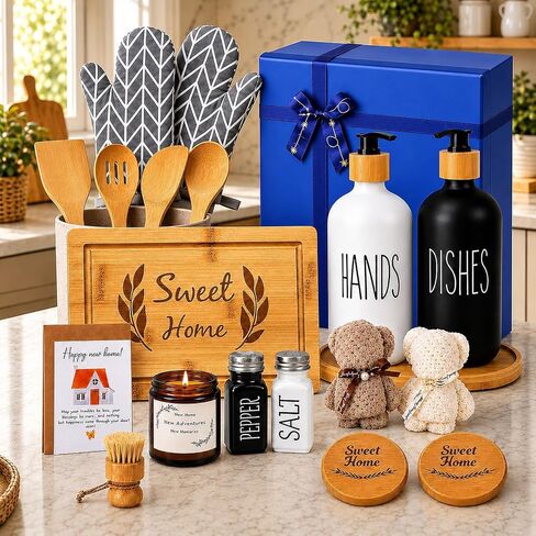 Housewarming Gifts New Home Basket – 21-Piece New Home Gift Basket Including Cutting Board, Handwashing Set, Salt and Pepper Shaker, Bear Towels, and Aromatherapy – Ideal for Housewarming Gifts for Couples, New Home Families, and Closing Gifts for Home Bu in Kuwait
