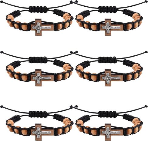 6 Pcs Wrist Rosary Bracelets - Wooden Beads and Nylon String, Adjustable Cross Bracelets, Ideal Gifts for Easter and Baptism in Saudi Arabia