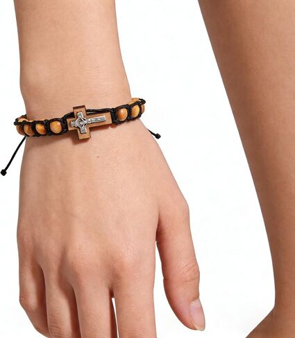 6 Pcs Wrist Rosary Bracelets - Wooden Beads and Nylon String, Adjustable Cross Bracelets, Ideal Gifts for Easter and Baptism in Saudi Arabia